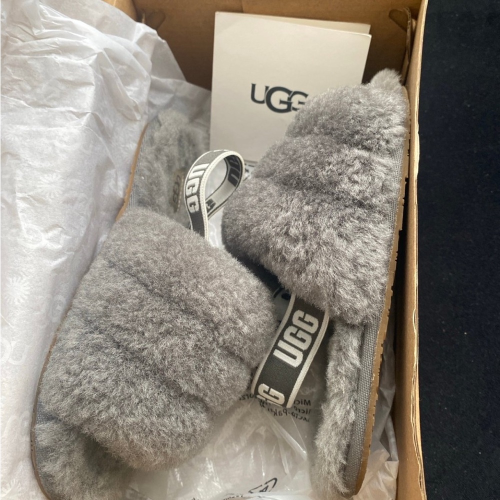 UGG Gray Fluffy Slippers size 12